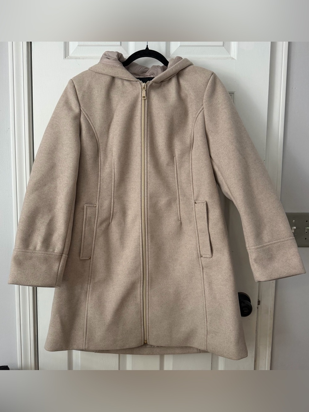 Vince Camuto Hooded Long Coat XL Beige Gold Zip Fit & Flare